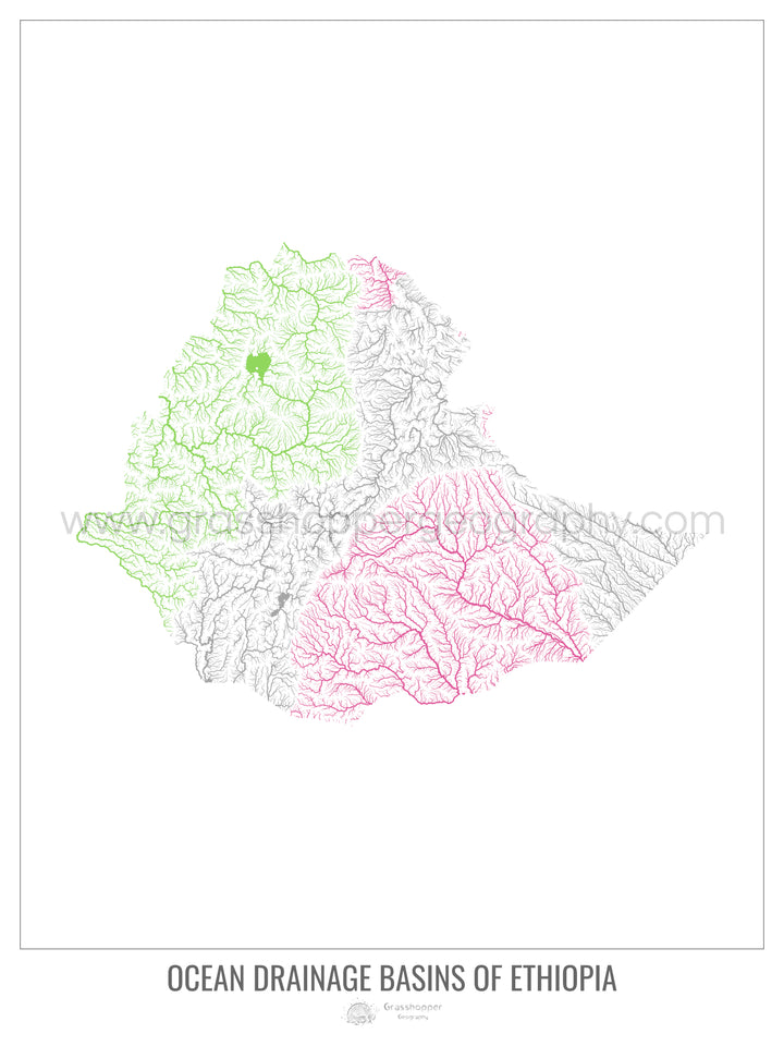 Éthiopie - Carte du bassin versant océanique, blanc v1 - Impression encadrée