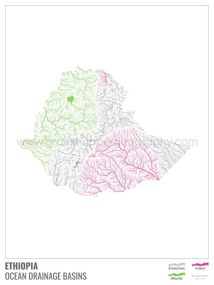 Etiopía - Mapa de la cuenca hidrográfica del océano, blanco con leyenda v1 - Impresión artística con colgador