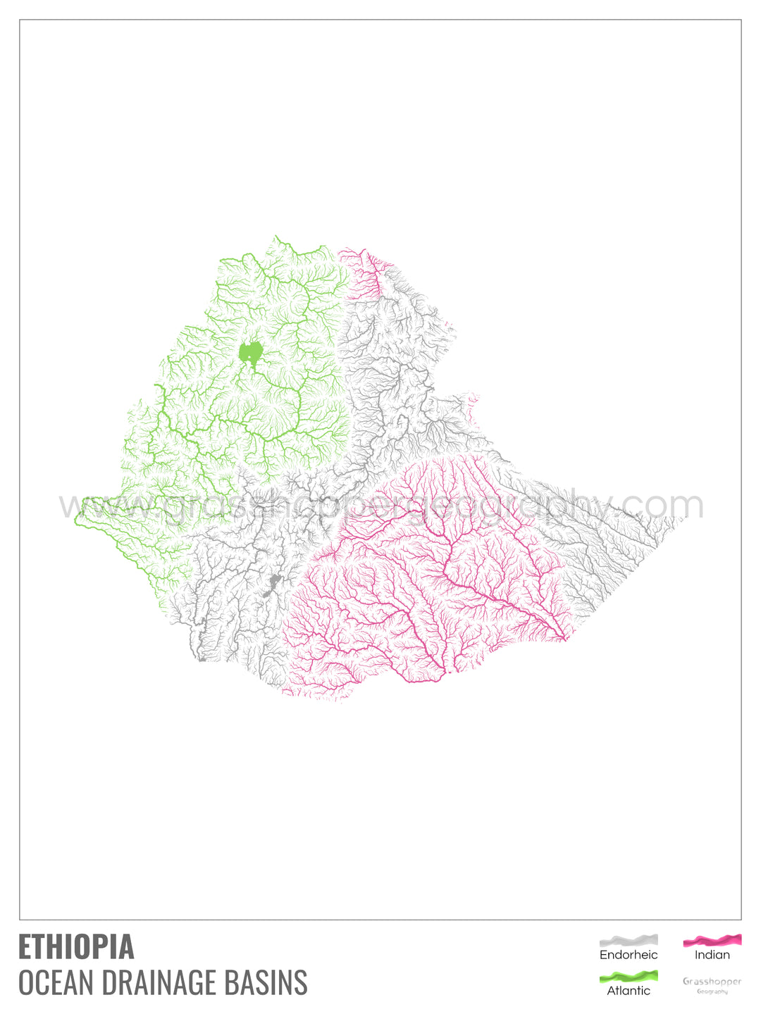 Éthiopie - Carte du bassin versant océanique, blanche avec légende v1 - Impression encadrée