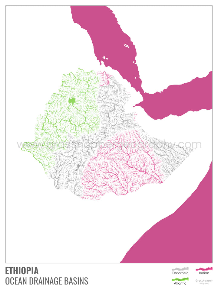 Etiopía - Mapa de la cuenca hidrográfica del océano, blanco con leyenda v2 - Impresión artística con colgador