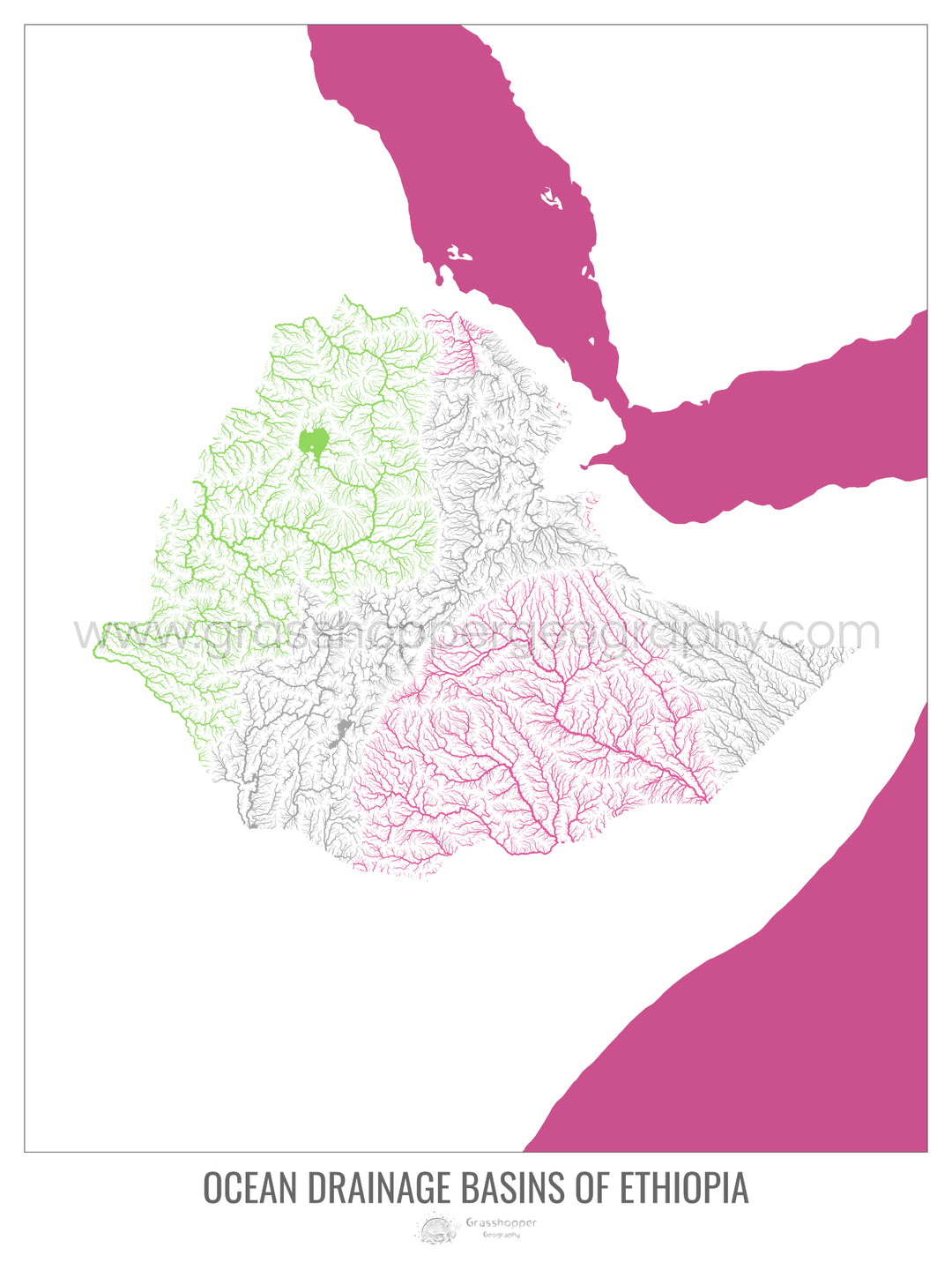 Éthiopie - Carte du bassin versant océanique, blanc v2 - Tirage d'art avec cintre