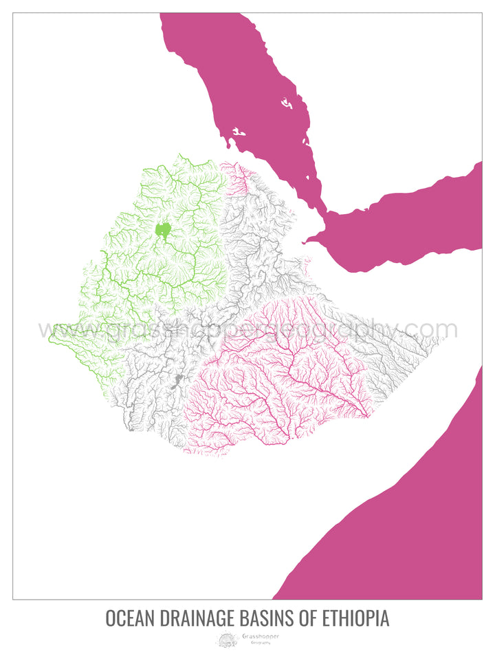 Etiópia - Mapa da bacia de drenagem oceânica, branco v2 - Impressão de belas artes com cabide