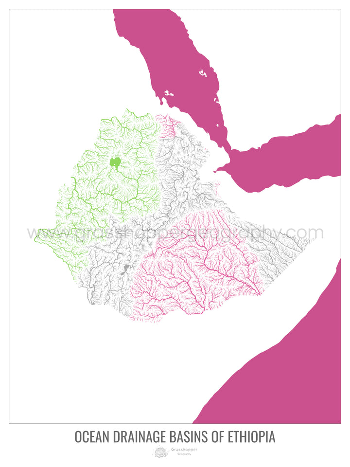 Etiopía - Mapa de la cuenca hidrográfica del océano, blanco v2 - Impresión artística con colgador