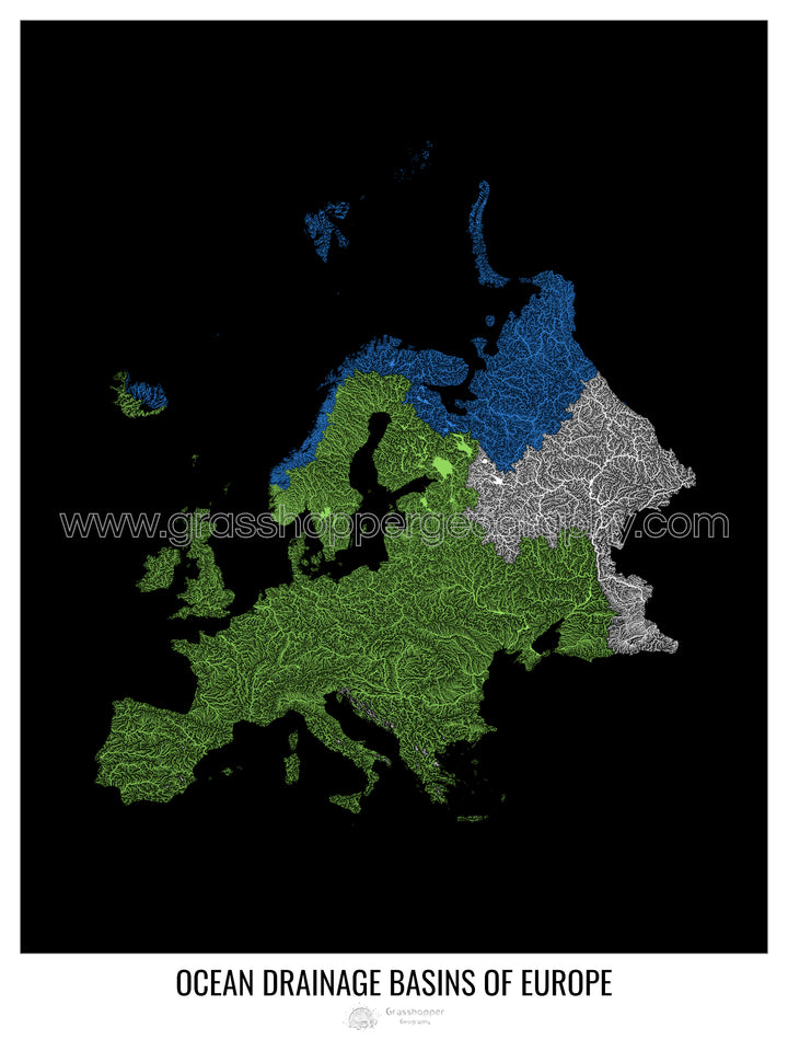 Europa - Mapa de la cuenca hidrográfica del océano, negro v1 - Impresión artística con colgador