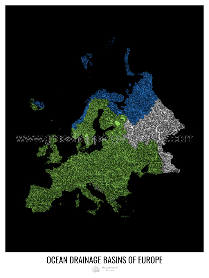 Europe - Ocean drainage basin map, black v1 - Framed Print