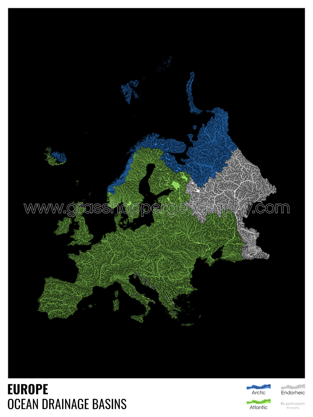 Europe - Carte des bassins hydrographiques océaniques, noire avec légende v1 - Tirage d'art avec cintre