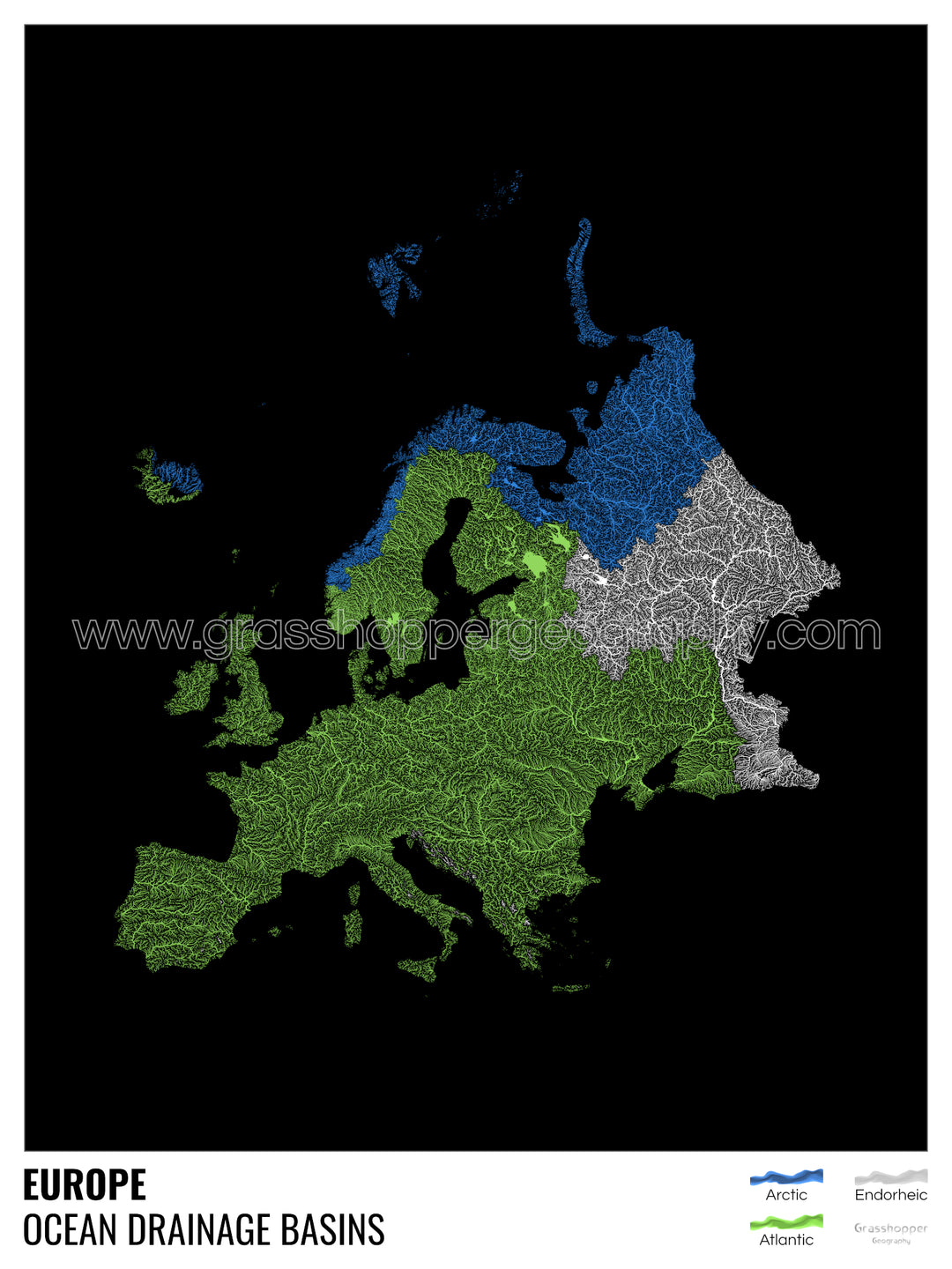 Europa - Mapa de la cuenca hidrográfica del océano, negro con leyenda v1 - Impresión artística con colgador