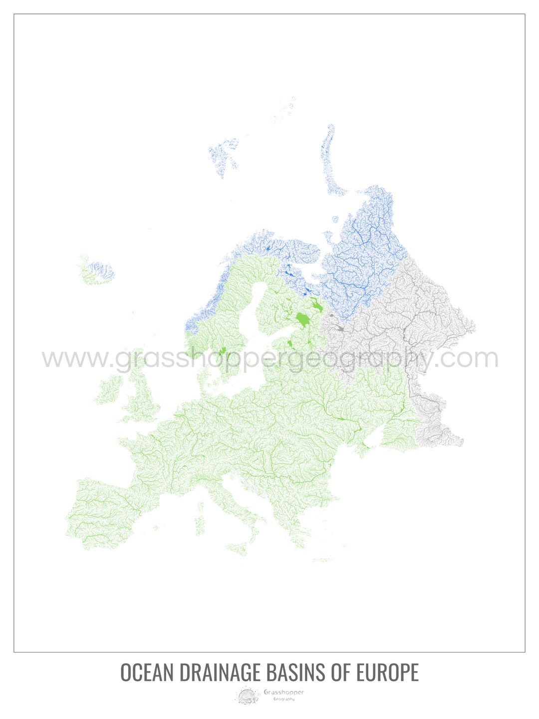 Europa - Mapa de la cuenca hidrográfica del océano, blanco v1 - Impresión artística con colgador