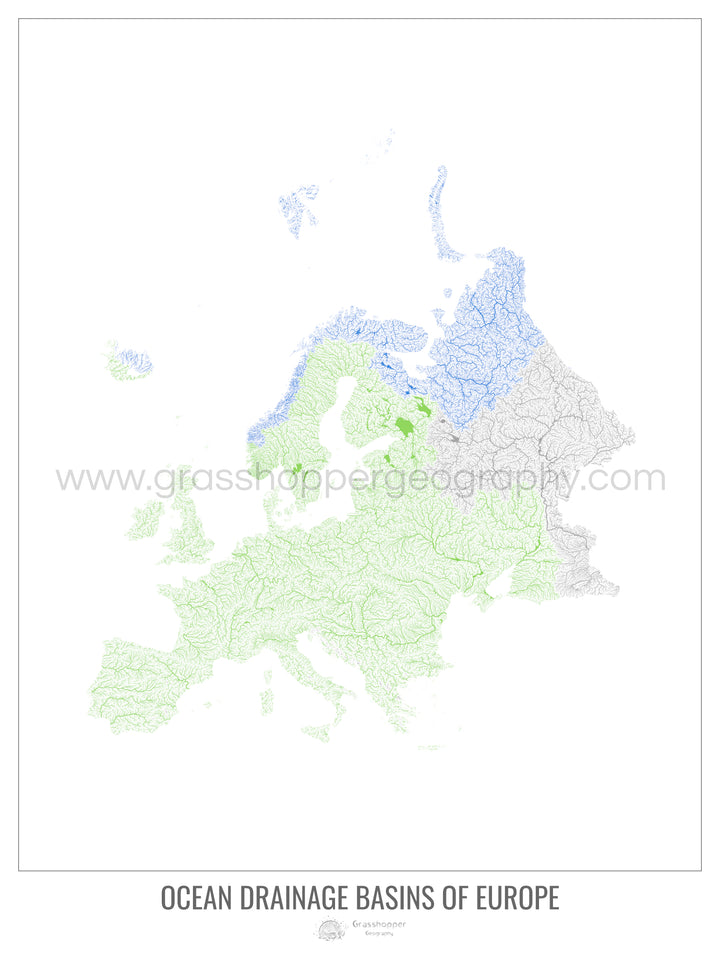 Europe - Carte des bassins versants océaniques, blanc v1 - Tirage d'art avec cintre