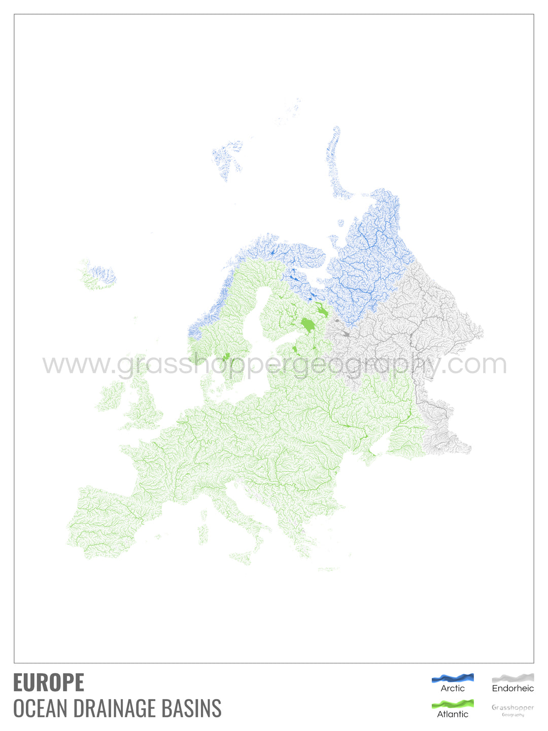Europe - Carte des bassins hydrographiques océaniques, blanche avec légende v1 - Tirage d'art avec cintre