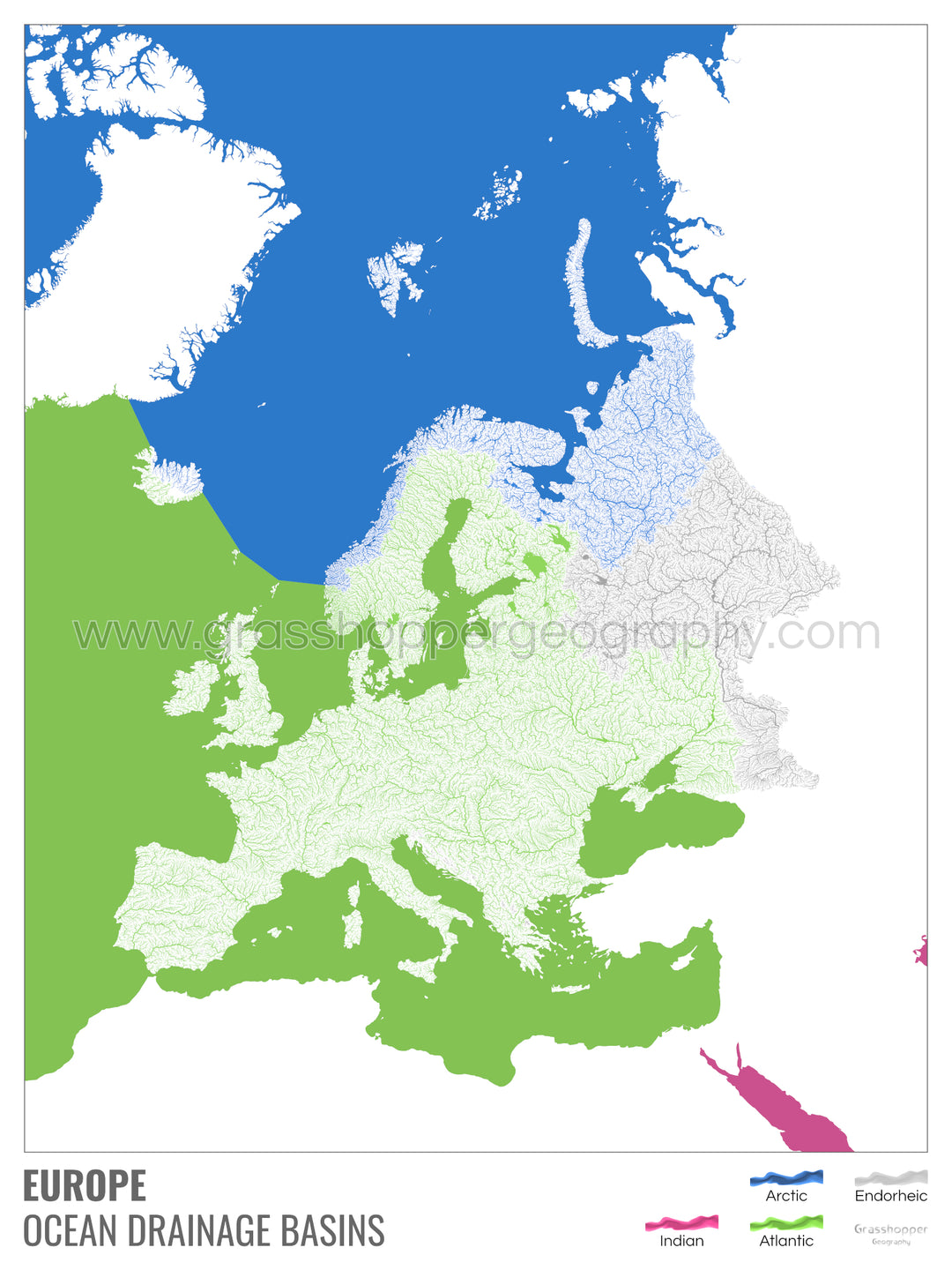 Europe - Ocean drainage basin map, white with legend v2 - Framed Print