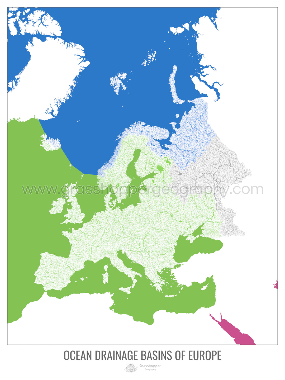 Europe - Carte des bassins versants océaniques, blanc v2 - Tirage d'art avec cintre