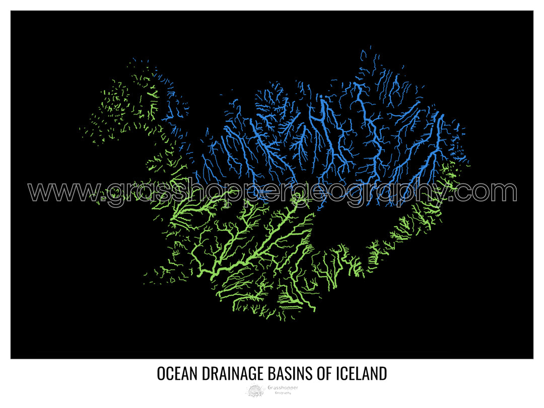 Islande - Carte des bassins versants océaniques, noir v1 - Tirage d'art avec cintre
