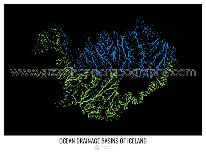 Islande - Carte des bassins versants océaniques, noir v1 - Tirage d'art avec cintre
