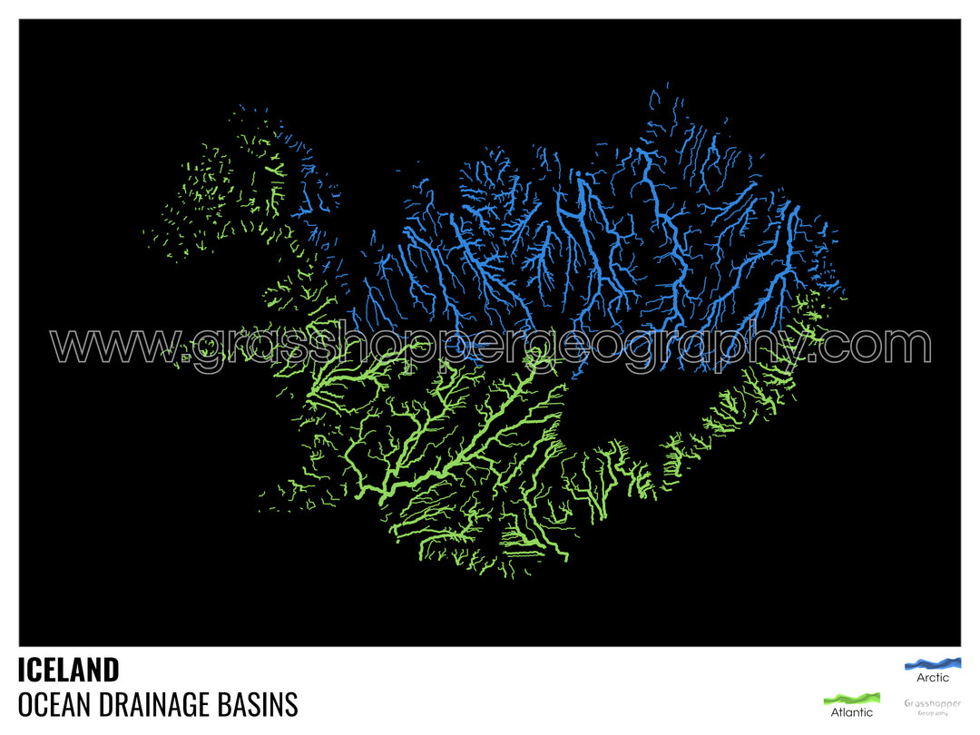 Islande - Carte du bassin versant océanique, noire avec légende v1 - Impression encadrée