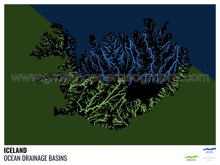 Islande - Carte des bassins hydrographiques océaniques, noire avec légende v2 - Impression encadrée