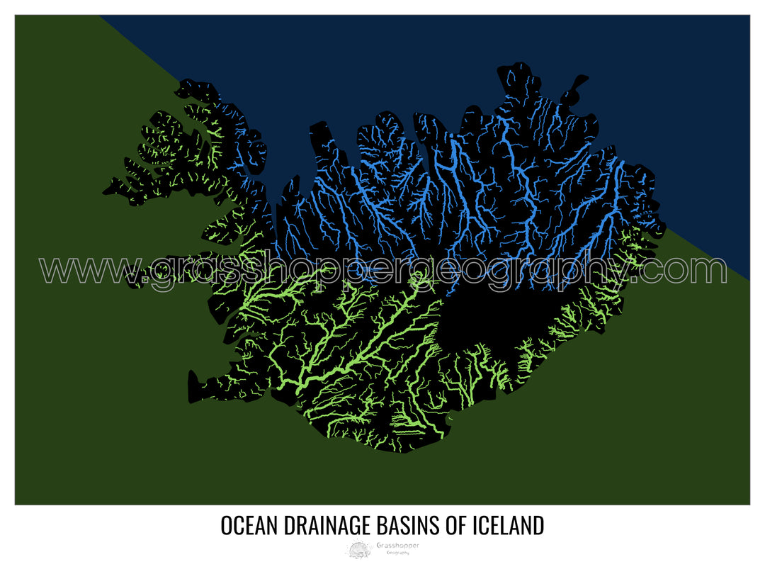 Islandia - Mapa de la cuenca de drenaje oceánico, negro v2 - Lámina enmarcada