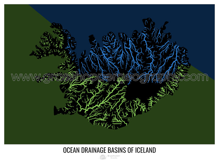 Iceland - Ocean drainage basin map, black v2 - Framed Print