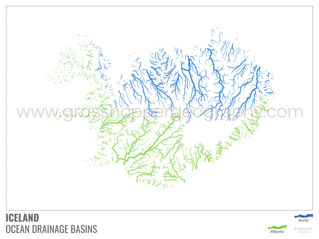 Islande - Carte des bassins hydrographiques océaniques, blanche avec légende v1 - Tirage d'art avec cintre