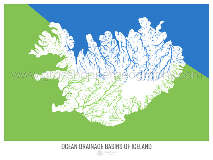 Islande - Carte des bassins hydrographiques océaniques, blanc v2 - Tirage d'art avec cintre