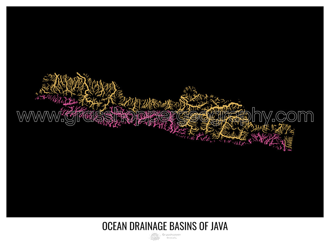 Java - Mapa de la cuenca de drenaje oceánico, negro v1 - Lámina enmarcada