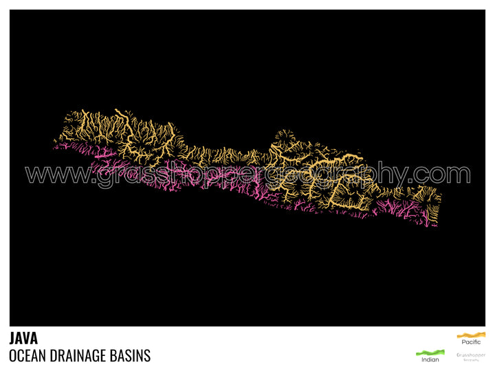 Java - Mapa de la cuenca de drenaje oceánico, negro con leyenda v1 - Impresión artística con colgador