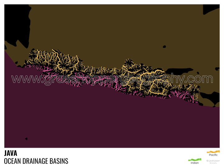 Java - Mapa da bacia de drenagem oceânica, preto com legenda v2 - Impressão de belas artes com cabide
