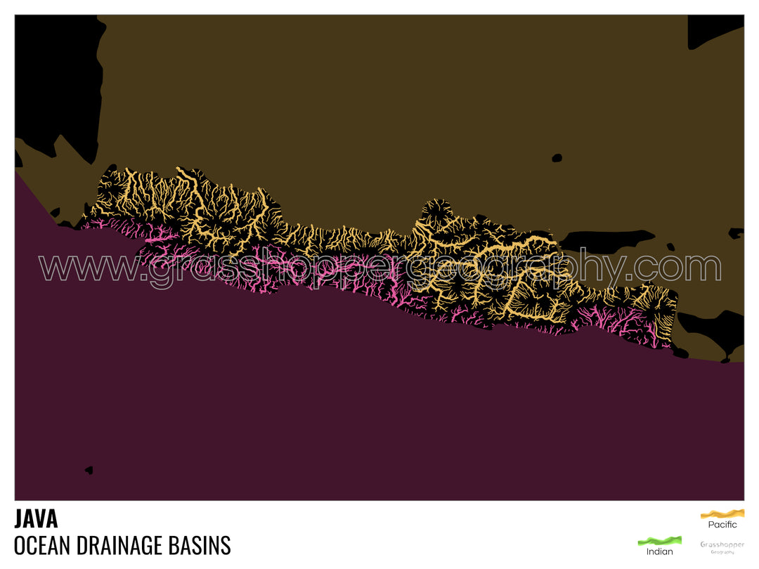 Java - Ocean drainage basin map, black with legend v2 - Framed Print