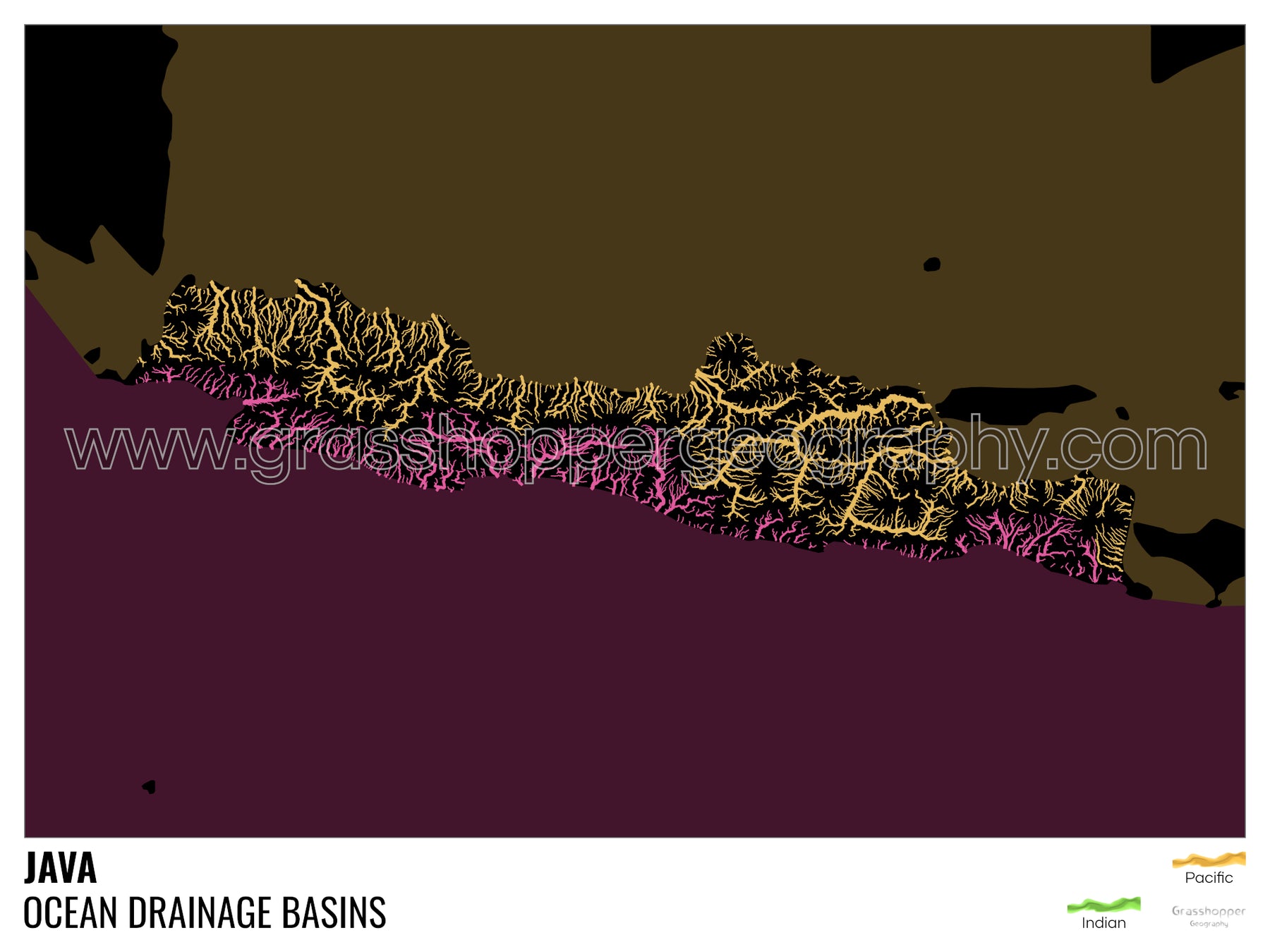Java - Ocean drainage basin map, black with legend v2 - Framed Print ...
