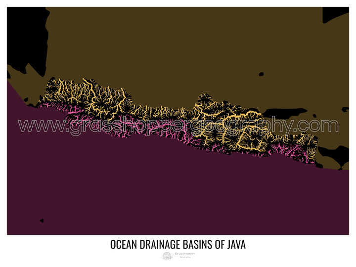 Java - Mapa da bacia de drenagem oceânica, preto v2 - Impressão emoldurada
