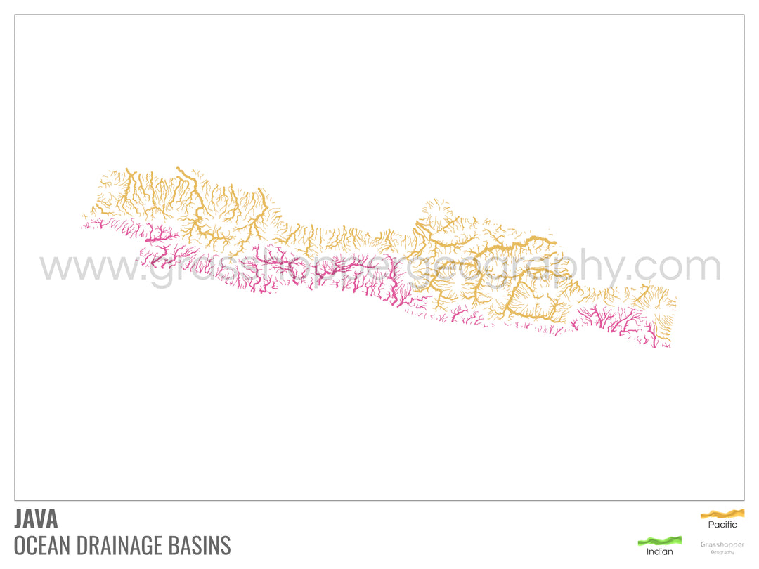 Java - Carte des bassins versants océaniques, blanche avec légende v1 - Tirage d'art avec cintre