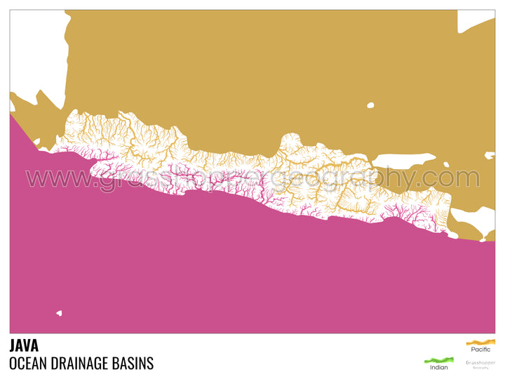 Java - Carte des bassins versants océaniques, blanche avec légende v2 - Tirage d'art avec cintre
