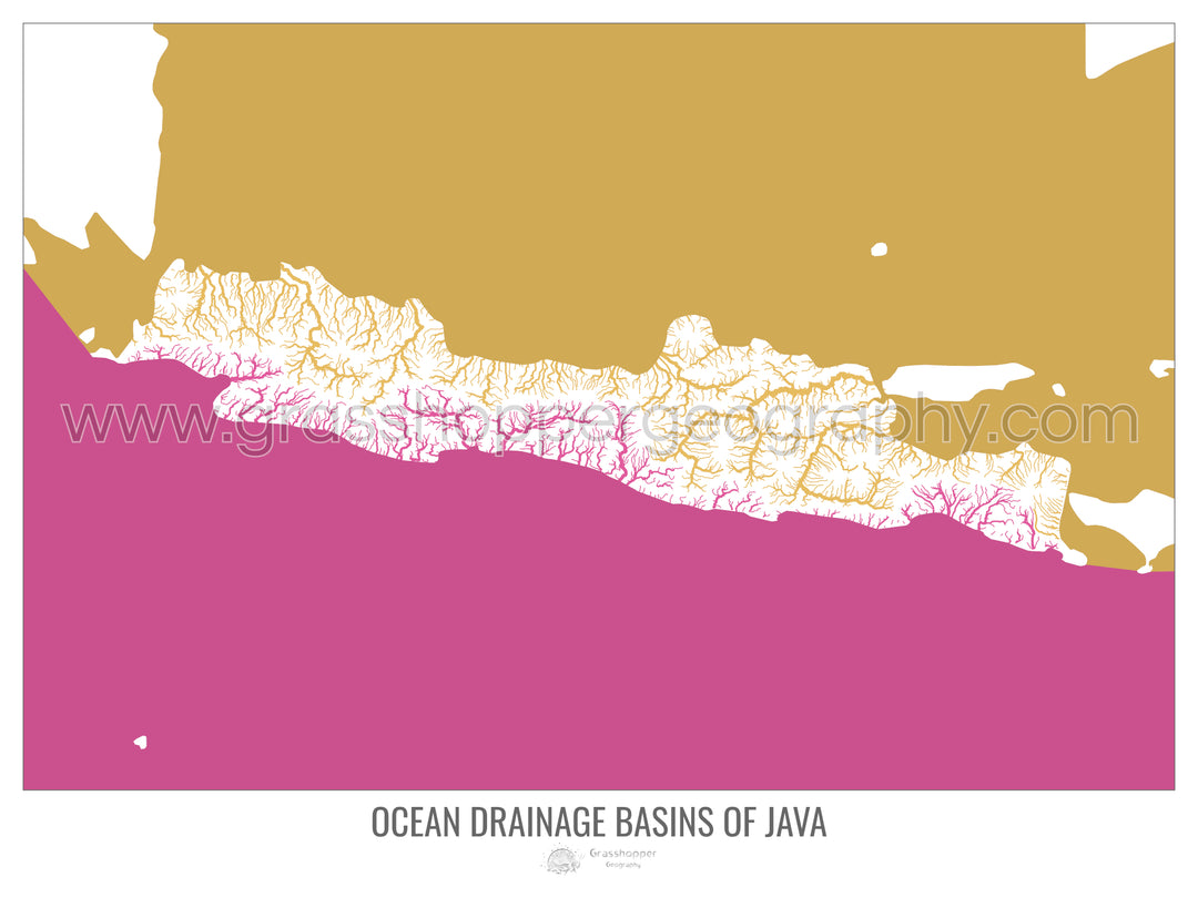 Java - Mapa de la cuenca de drenaje oceánico, blanco v2 - Impresión artística con colgador