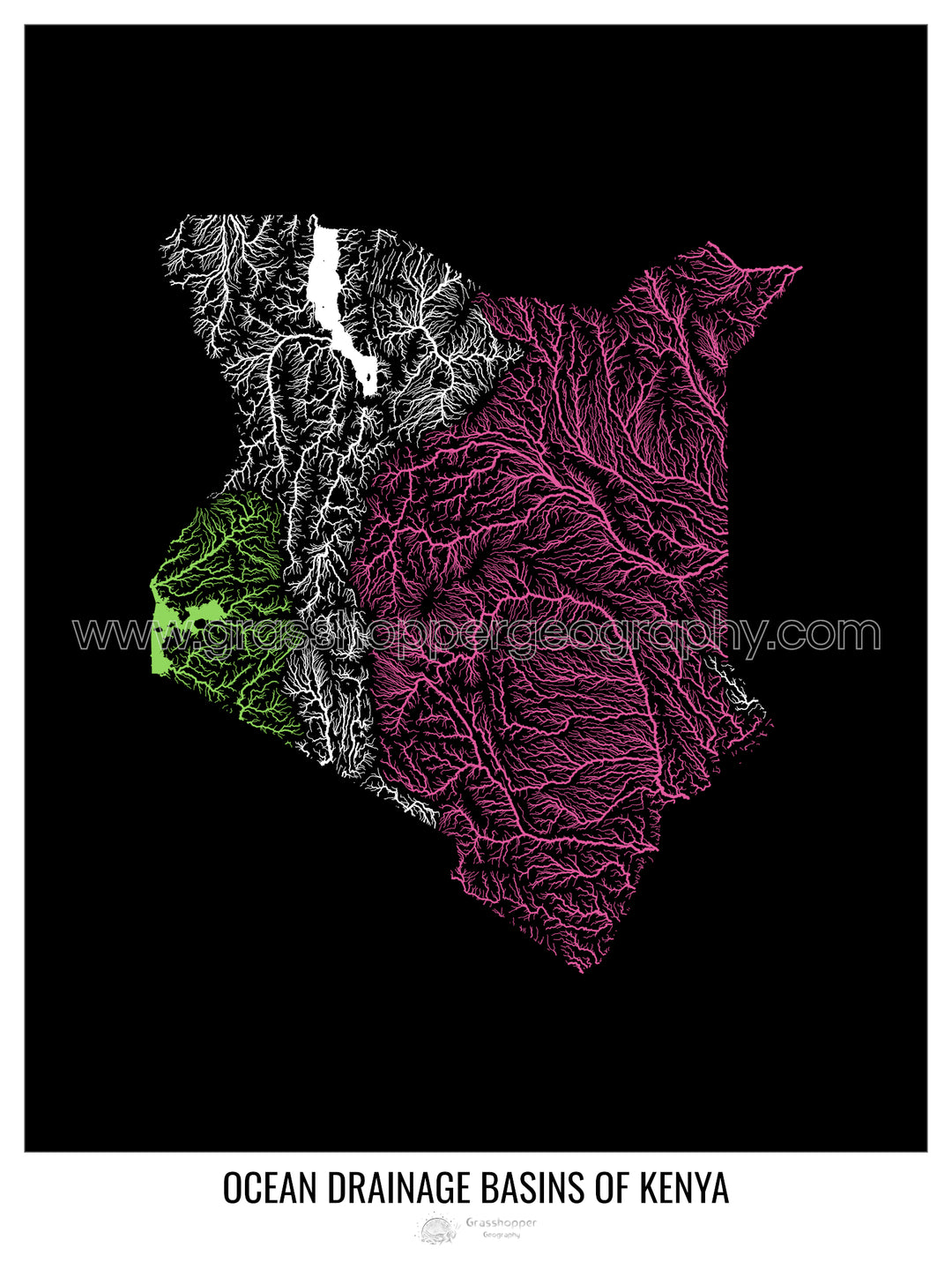 Kenya - Carte du bassin versant océanique, noir v1 - Tirage d'art avec cintre