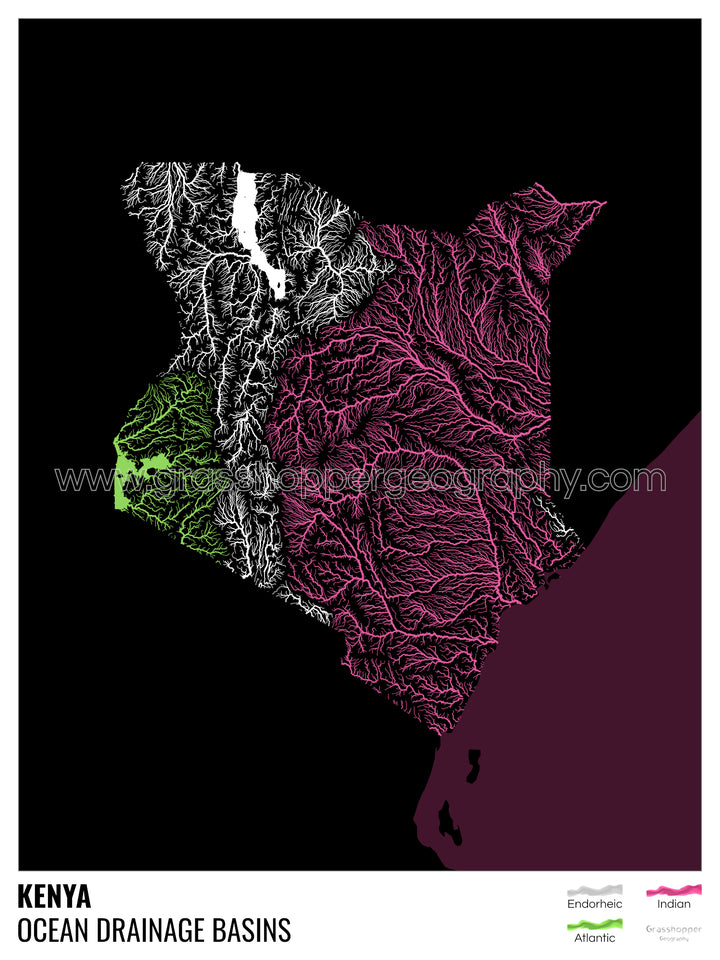 Kenia - Mapa de la cuenca hidrográfica del océano, negro con leyenda v2 - Impresión artística con colgador