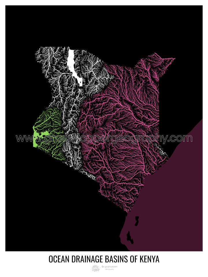 Kenia - Mapa de la cuenca de drenaje oceánico, negro v2 - Lámina enmarcada