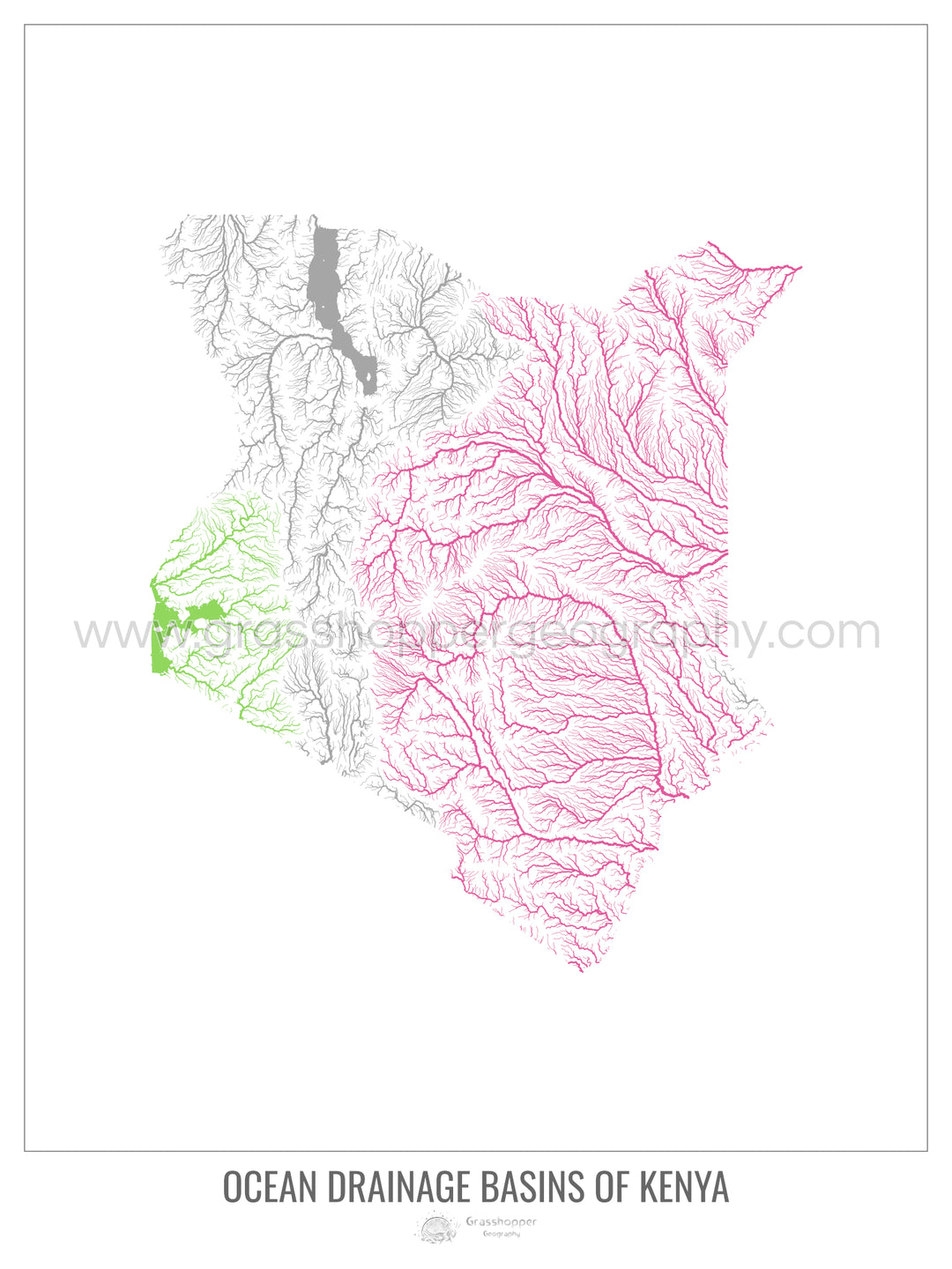 Kenya - Ocean drainage basin map, white v1 - Fine Art Print with Hanger