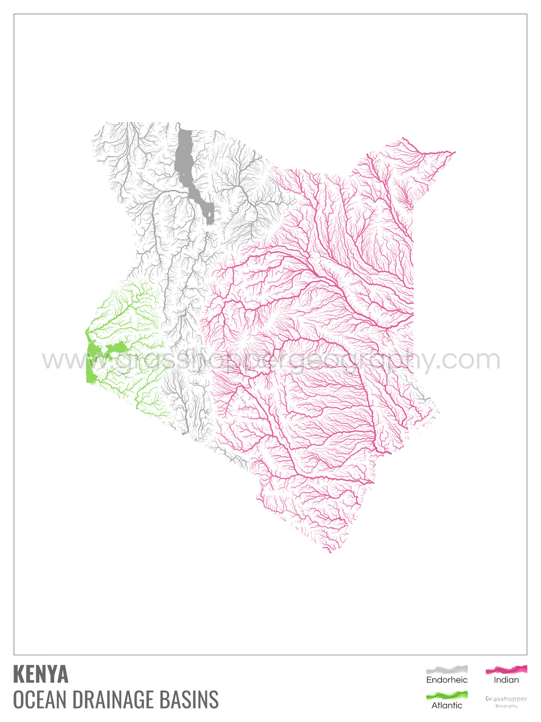Kenya - Ocean drainage basin map, white with legend v1 - Framed Print