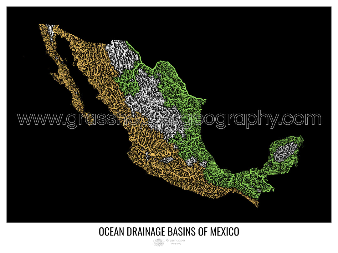 Mexico - Ocean drainage basin map, black v1 - Fine Art Print with Hanger