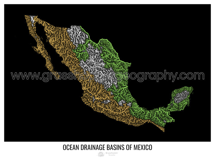 Mexico - Ocean drainage basin map, black v1 - Fine Art Print with Hanger