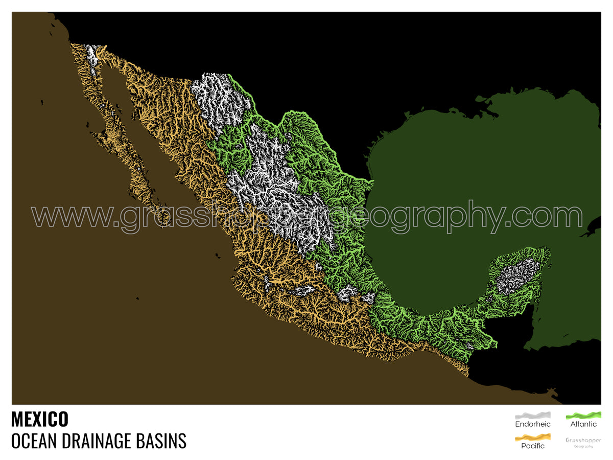 Mexico - Ocean drainage basin map, black with legend v2 - Framed Print ...