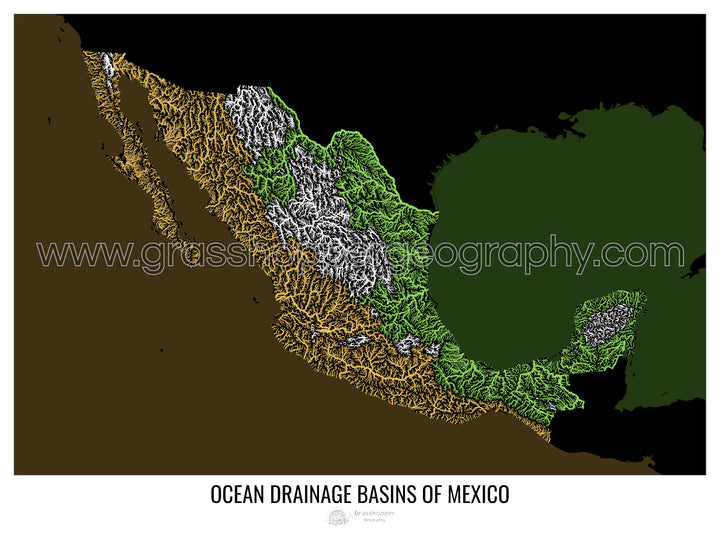 Mexique - Carte des bassins versants océaniques, noir v2 - Tirage d'art avec cintre
