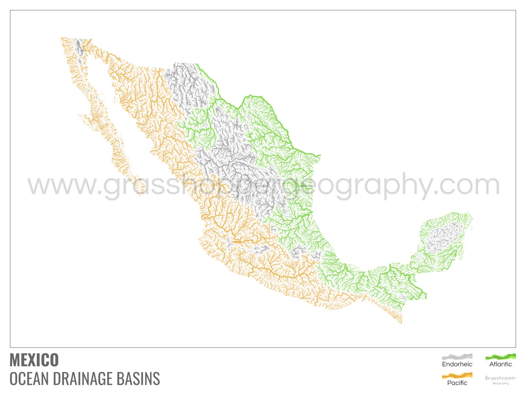 Mexique - Carte des bassins versants océaniques, blanche avec légende v1 - Tirage d'art avec cintre