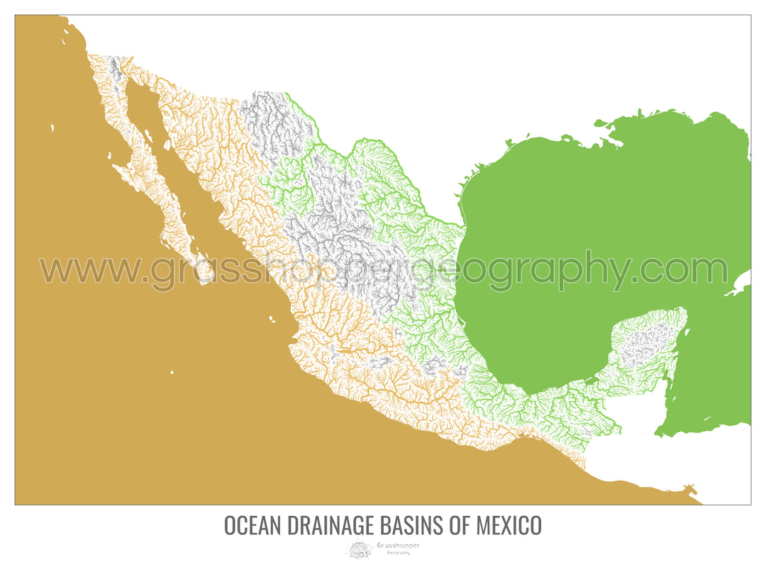 Mexico - Ocean drainage basin map, white v2 - Fine Art Print with Hanger