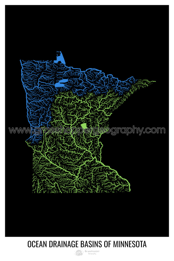 Minnesota - Mapa de la cuenca de drenaje oceánico, negro v1 - Impresión artística con colgador