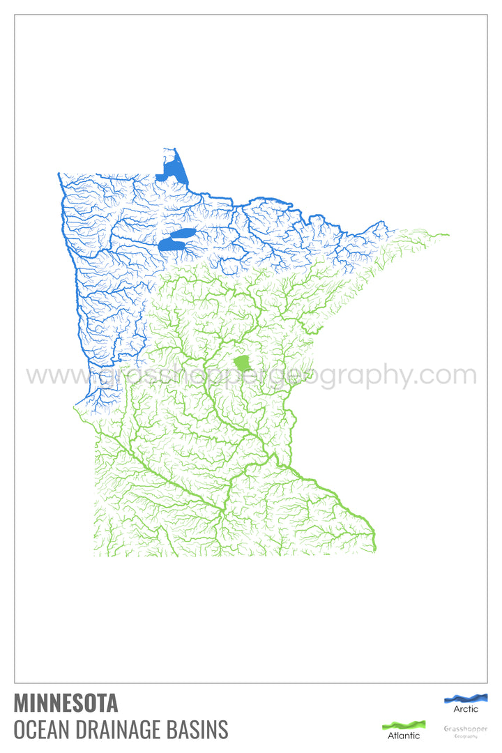 Minnesota - Ocean drainage basin map, white with legend v1 - Framed Print