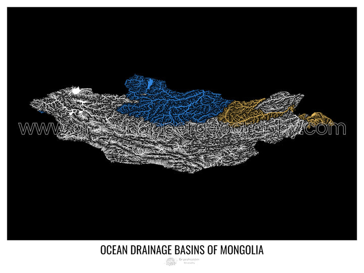 Mongolia - Mapa de la cuenca hidrográfica del océano, negro v1 - Impresión artística con colgador