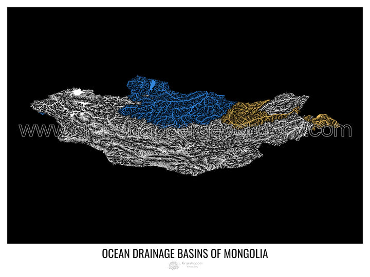 Mongólia - Mapa da bacia de drenagem oceânica, preto v1 - Impressão emoldurada