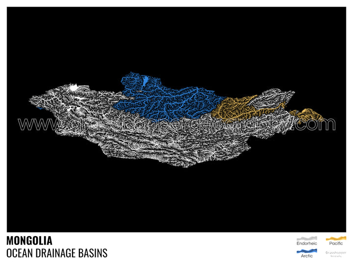 Mongolia - Ocean drainage basin map, black with legend v1 - Framed Print