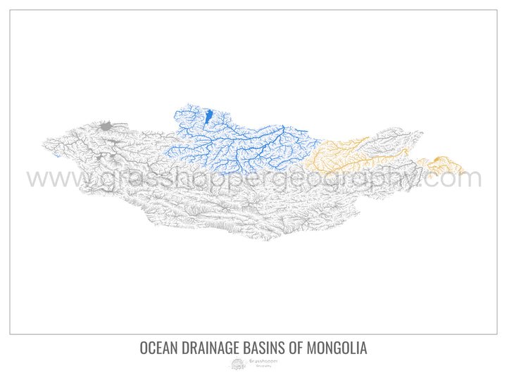 Mongolie - Carte du bassin versant océanique, blanc v1 - Tirage d'art avec cintre